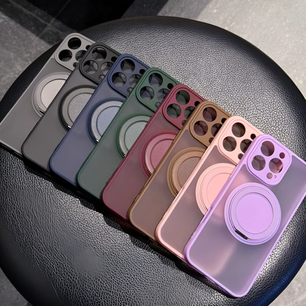 Magnetic suction pivot phone case for iPhone with built-in kickstand, in a frosted finish.
