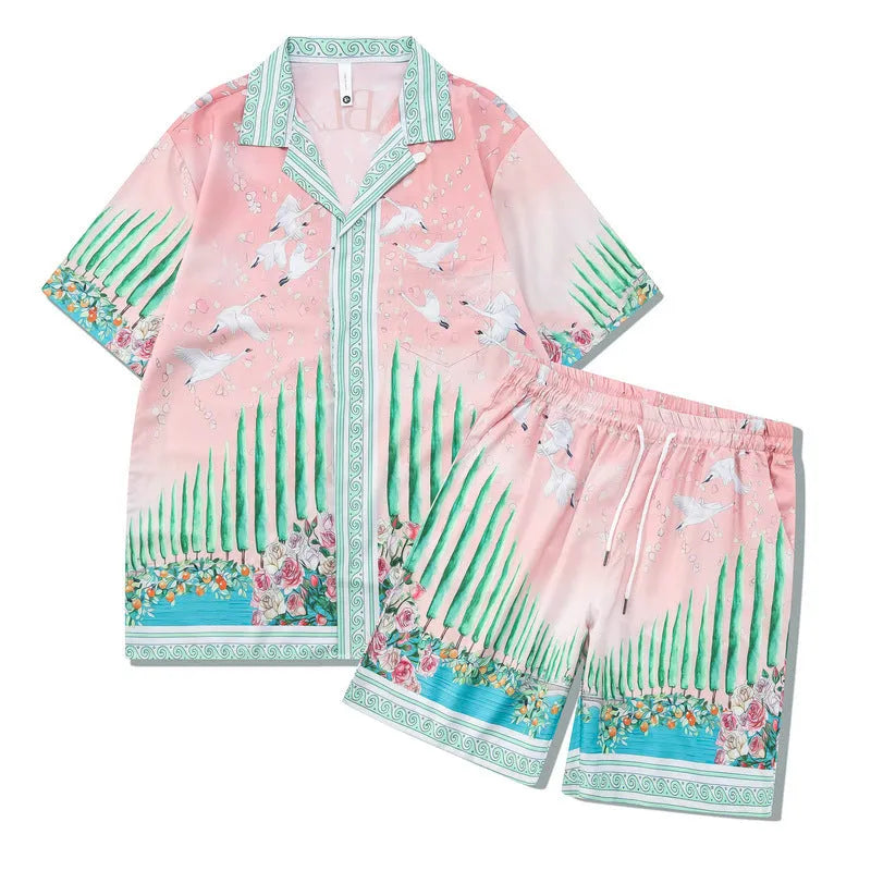 Men's plaid short sleeve beach outfit with matching trousers in European American style