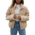 Women's apricot corduroy jacket with stand collar and zip front