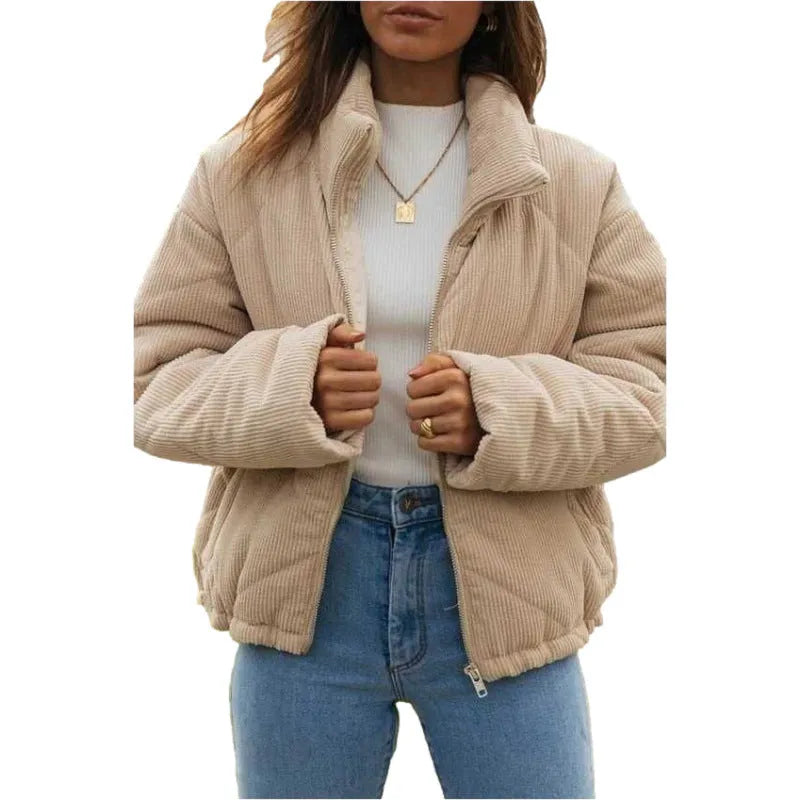 Women's apricot corduroy jacket with stand collar and zip front