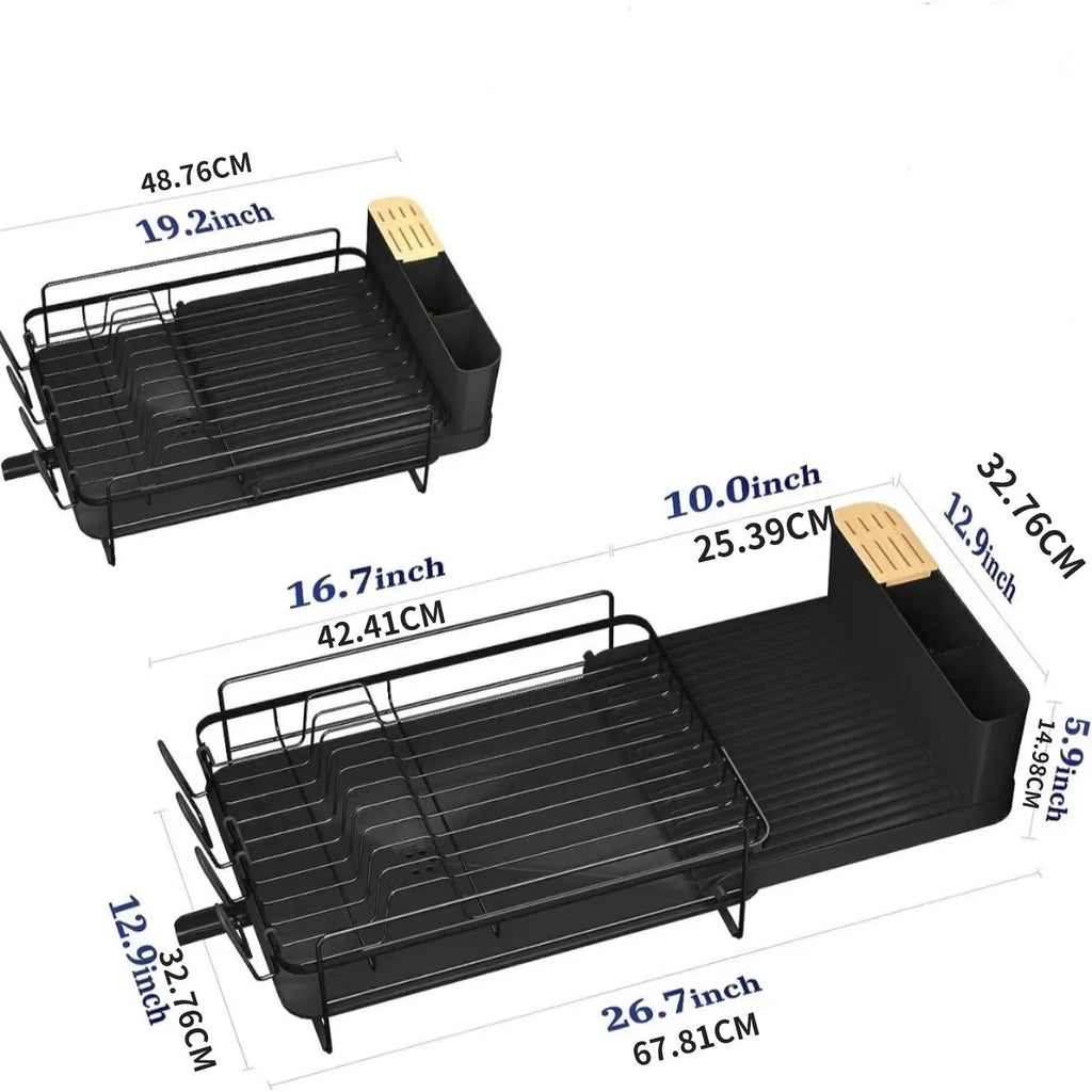 Retractable carbon steel kitchen drain rack for cutlery and cup drying, shown in folded and extended positions.