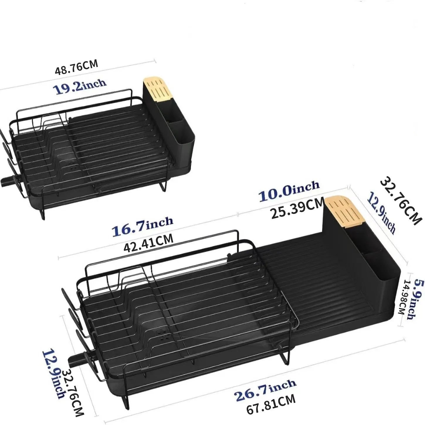 Retractable carbon steel kitchen drain rack for cutlery and cup drying, shown in folded and extended positions.