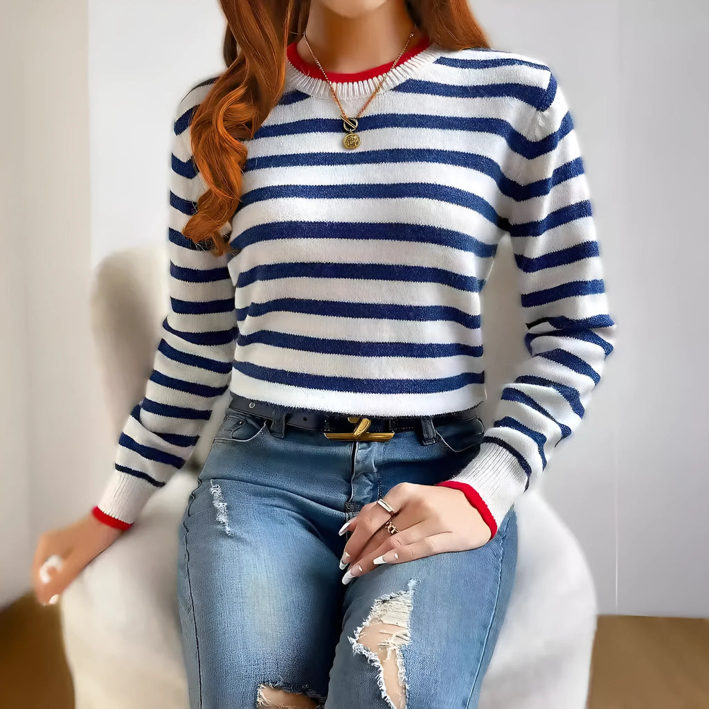 Sapphire blue striped acrylic pullover sweater with round neck and long sleeves