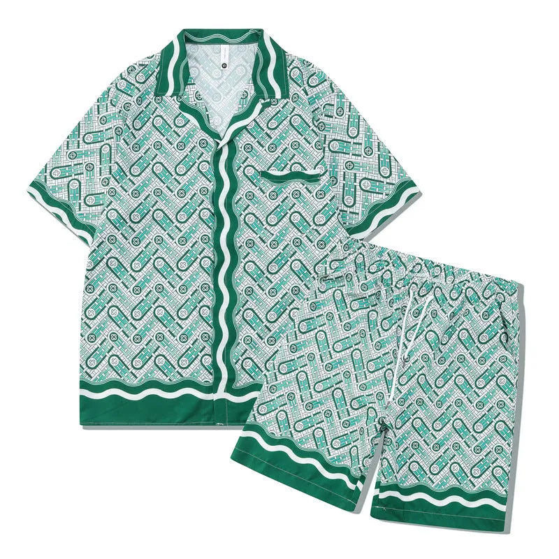 Men's plaid short sleeve beach outfit with matching trousers in European American style