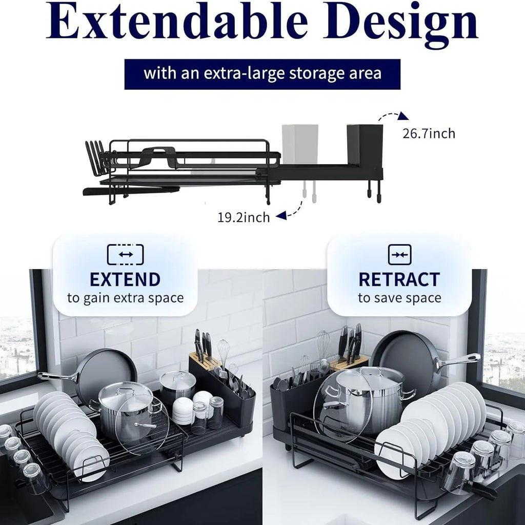 Retractable carbon steel kitchen drain rack for cutlery and cup drying, shown in folded and extended positions.