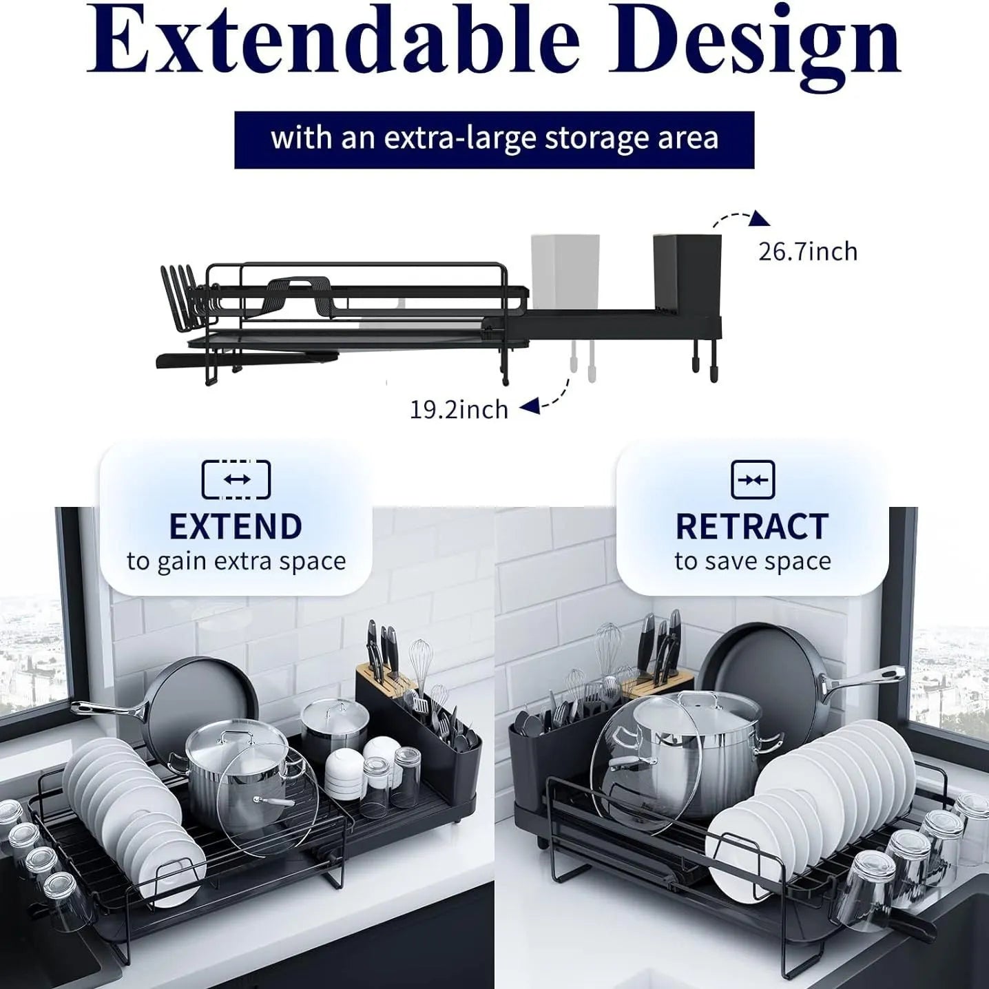 Retractable carbon steel kitchen drain rack for cutlery and cup drying, shown in folded and extended positions.