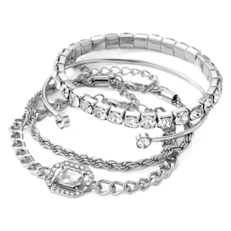 Women's geometric retro alloy bracelet set in gold or silver colour with four chain jewellery pieces