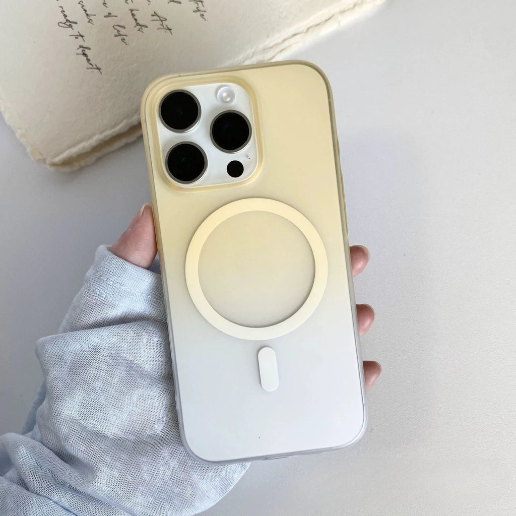 Frosted gradient colour magnetic suction iPhone case shown on a phone, displaying ultra-thin profile.