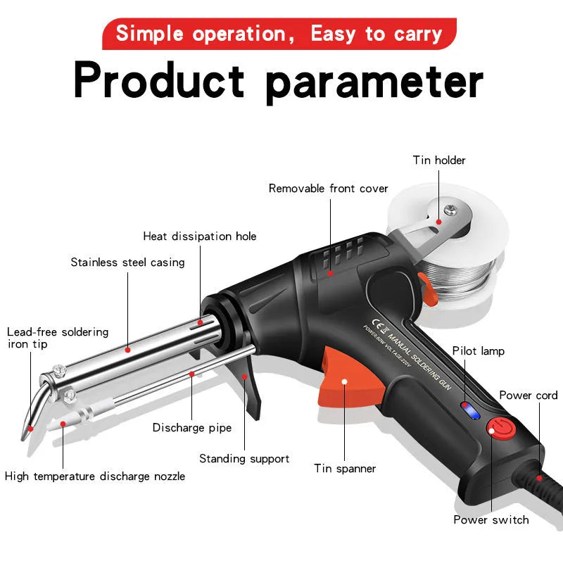 Black soldering gun with LED light, alloy construction, five-piece electronics repair kit