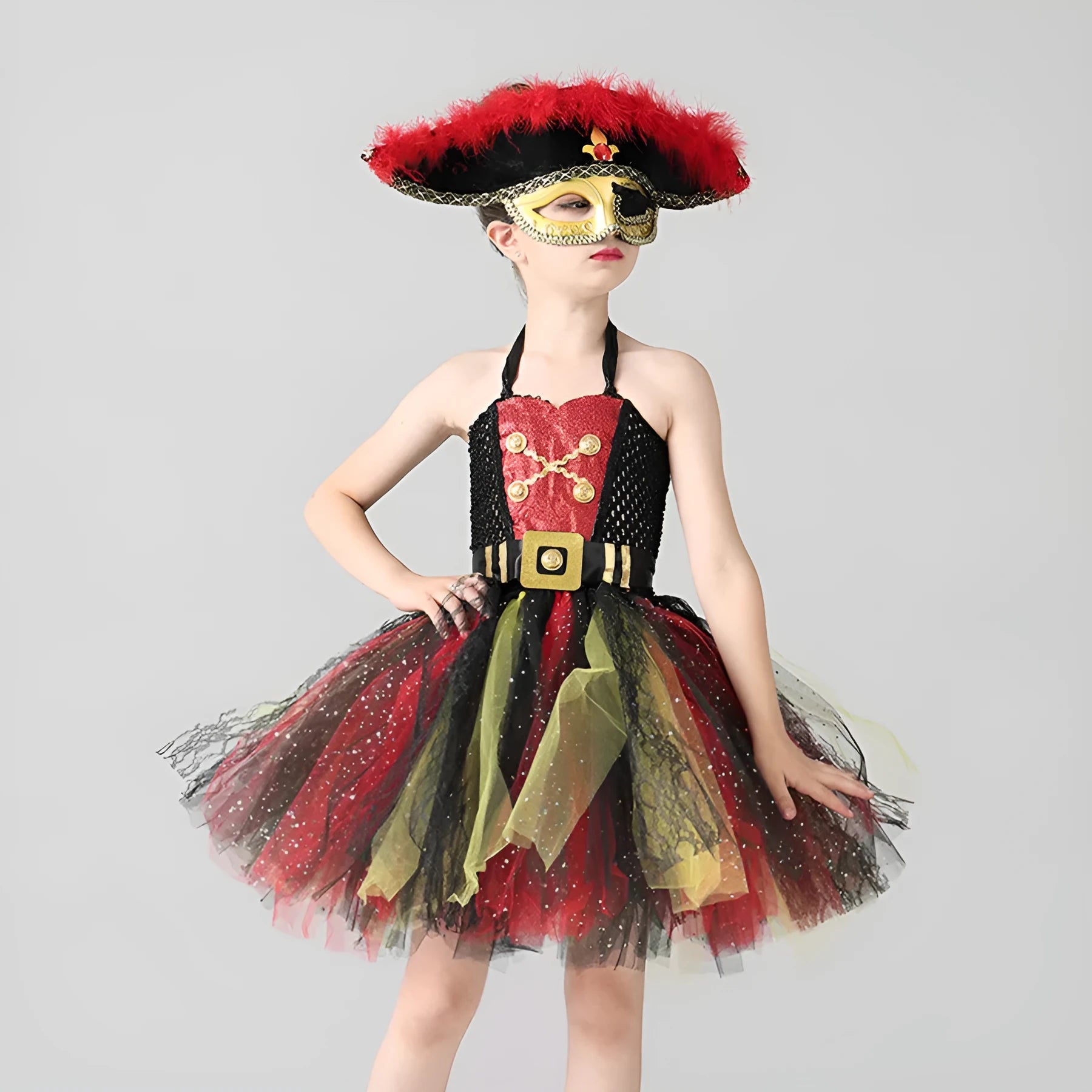 Girls sleeveless pirate dress costume with sequins and mesh for Halloween, shown in pirate skirt colour.