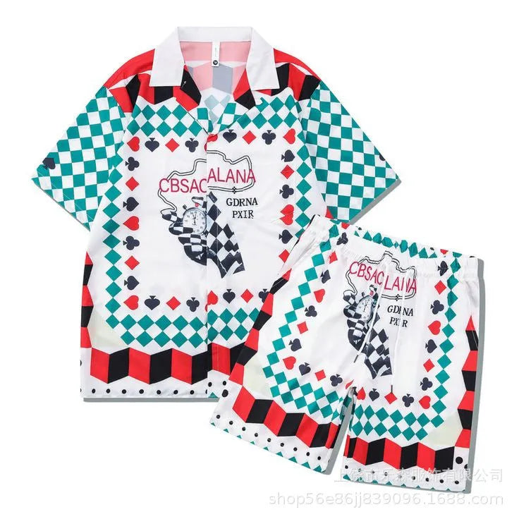 Men's plaid short sleeve beach outfit with matching trousers in European American style