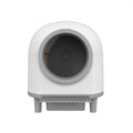 White fully enclosed automatic cat litter box for indoor use with cats.