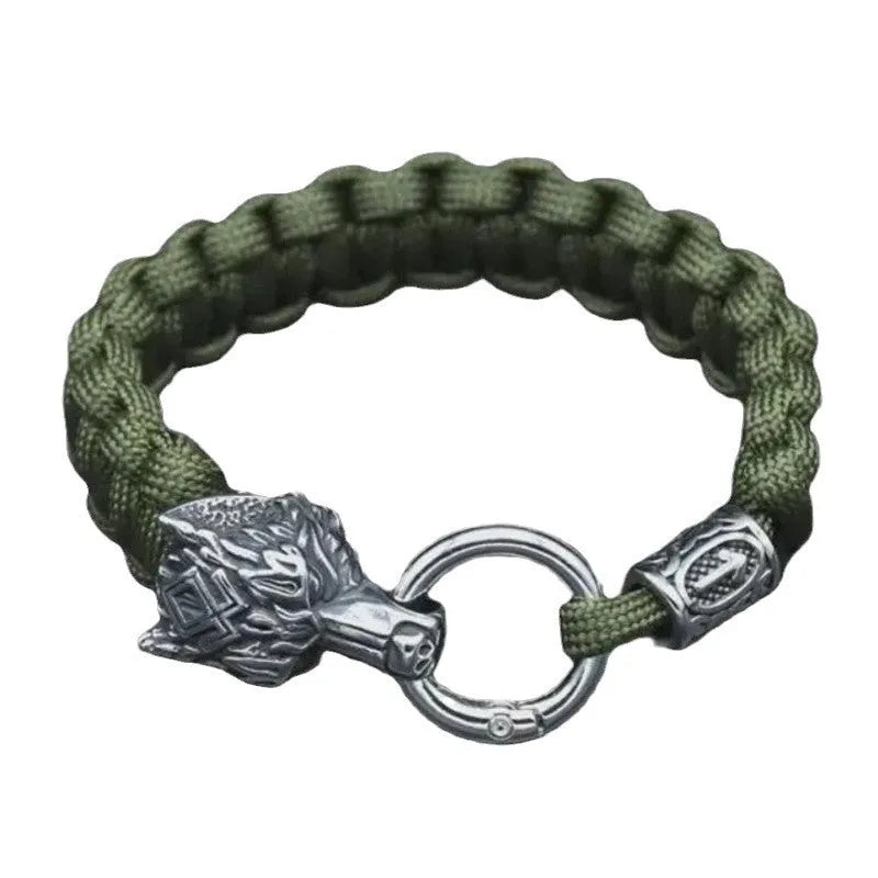Handmade stainless steel wolf head bracelet with Luen characters and camouflage colour finish