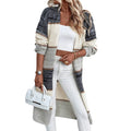 Grey women's knitted cardigan with loose fit and striped plaid pattern long sleeves