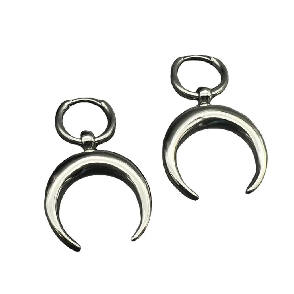 Silver geometric moon hoop earrings with punk gothic style and ear clip fastening