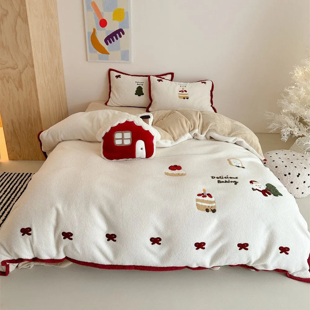 Cartoon winter bedding four-piece set with Xuefu Milk Pastry pattern in polyester material