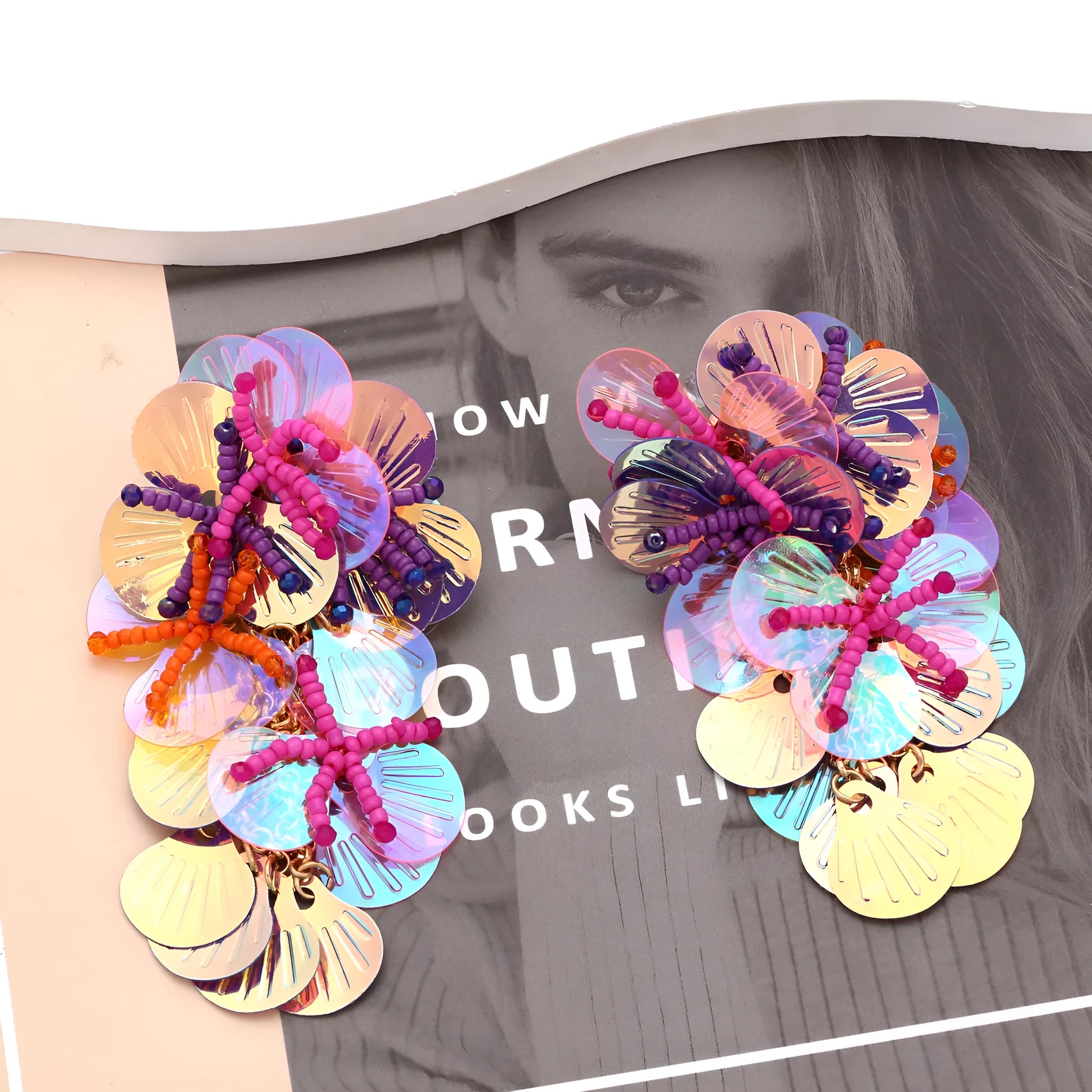 Handmade string bead flower earrings in colourful, rose, or purple with European-American exaggerated dopamine style