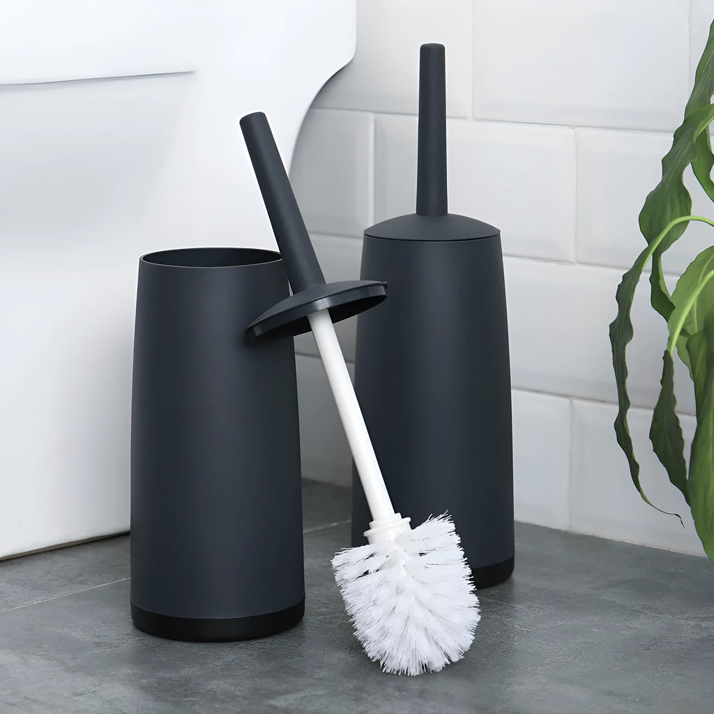Simple toilet brush set with soft fur long handle and splash-proof holder in white