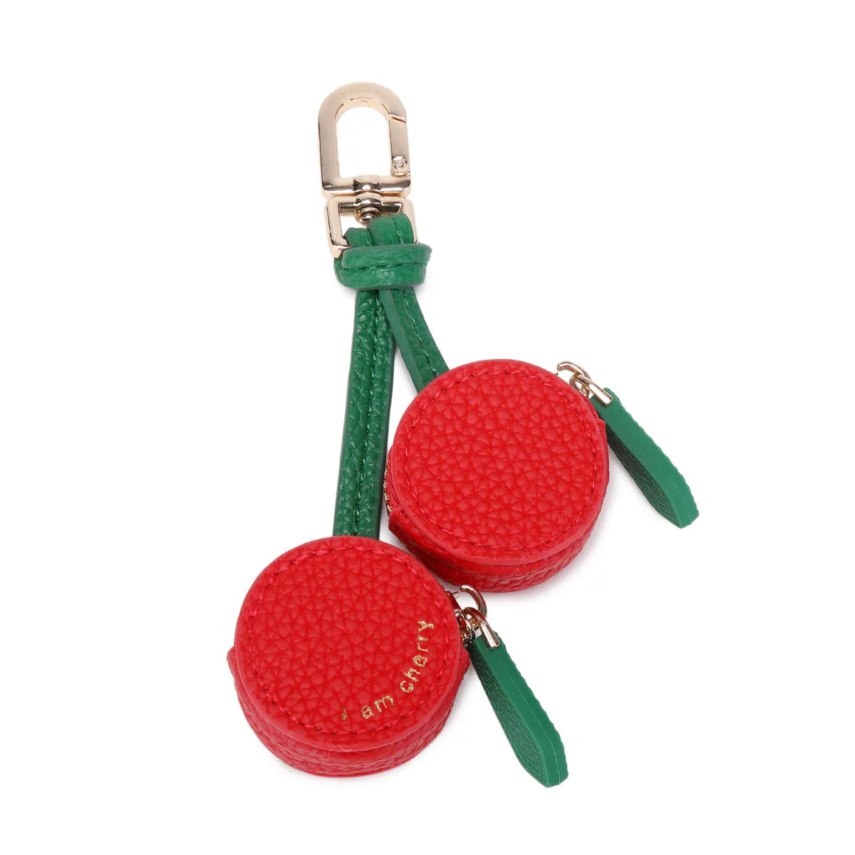 Mini leather coin purse keychain with zip and clip in cherry red colour.