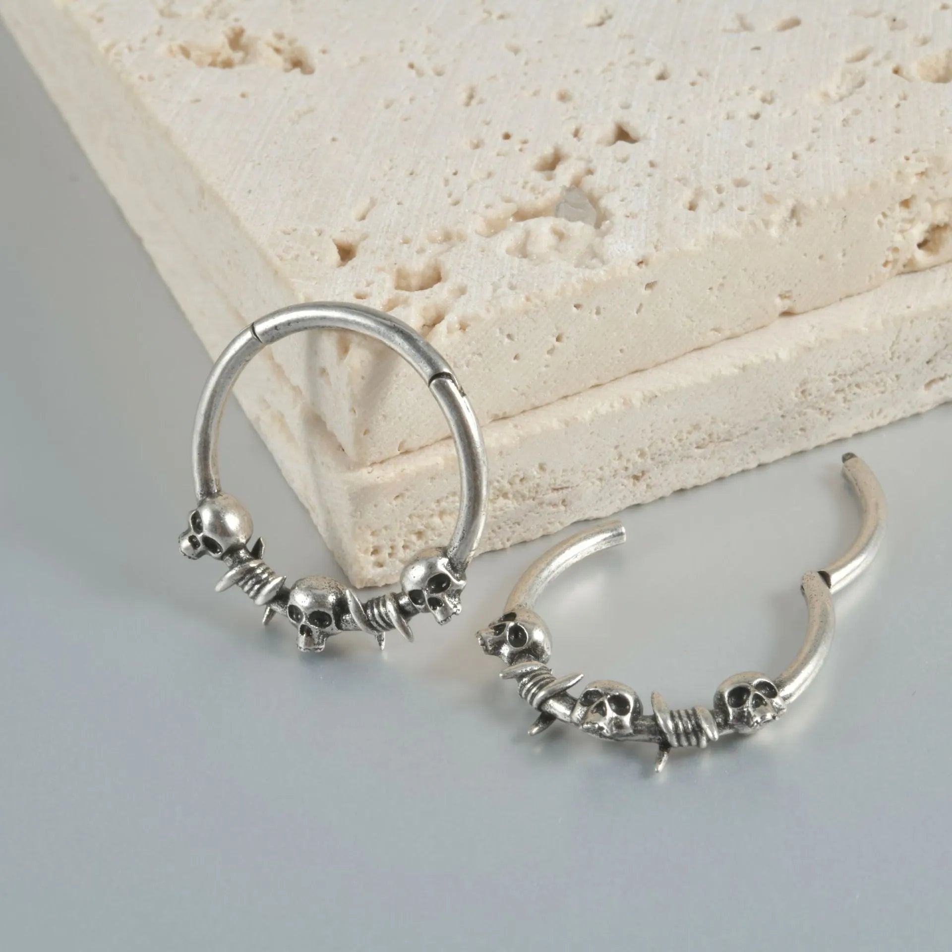 Copper punk earrings with ghost head design in antique silver or gold finish