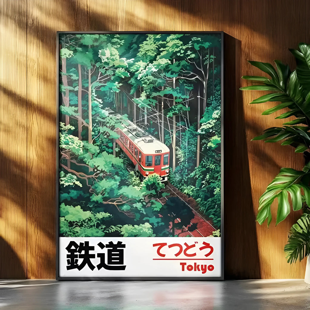 Retro Japanese landscape canvas print with railway scene, frameless Nordic wall art poster