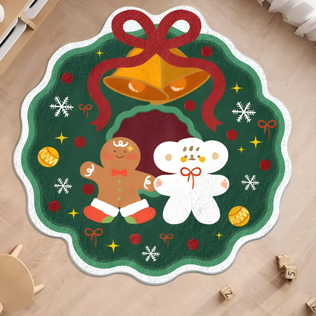 Christmas round carpet with alien shape in imitation cashmere, showing gingerbread man and holiday colour patterns