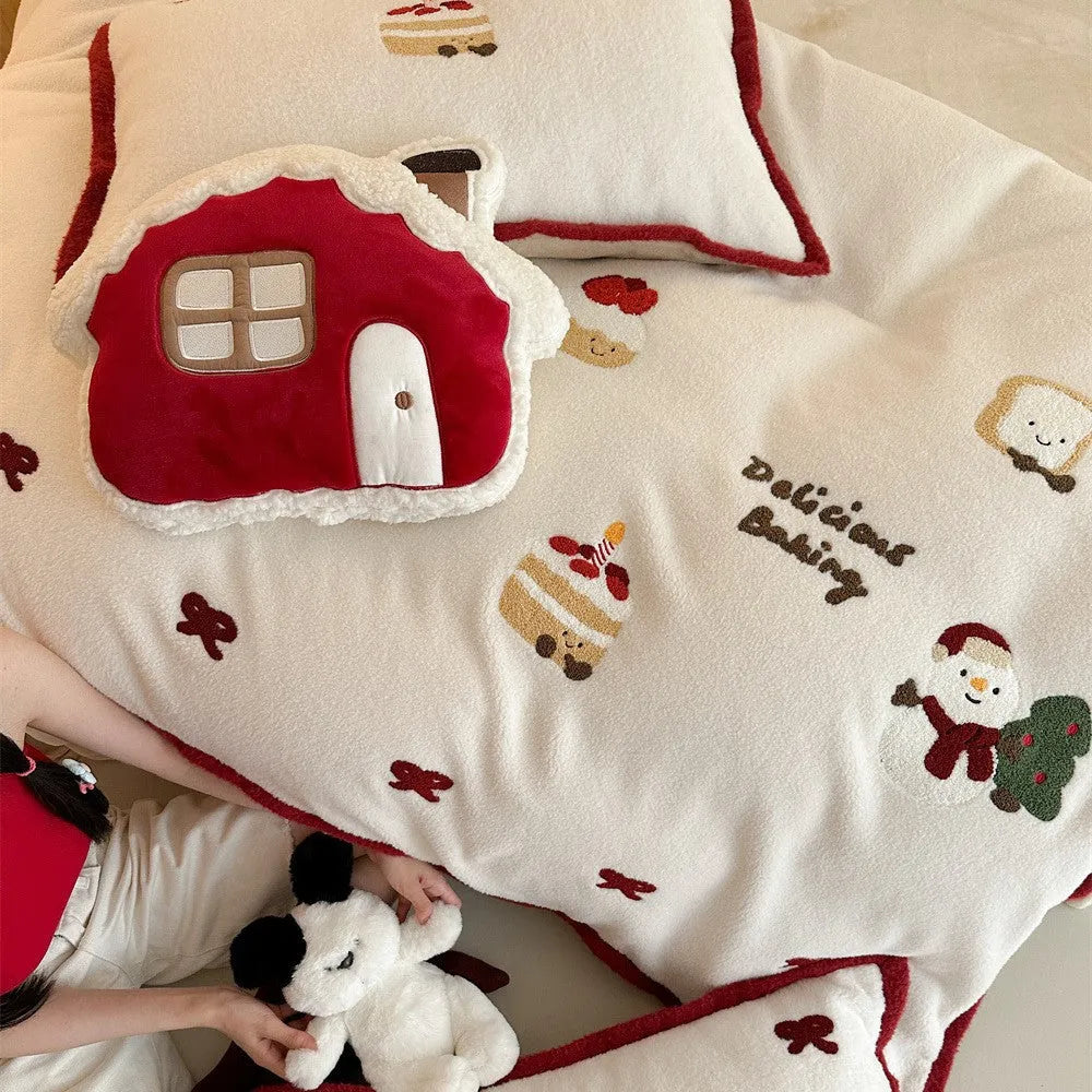 Cartoon winter bedding four-piece set with Xuefu Milk Pastry pattern in polyester material