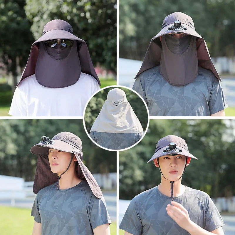 Khaki coloured sun hat with built-in USB fan and attached face covering shawl for neck protection.