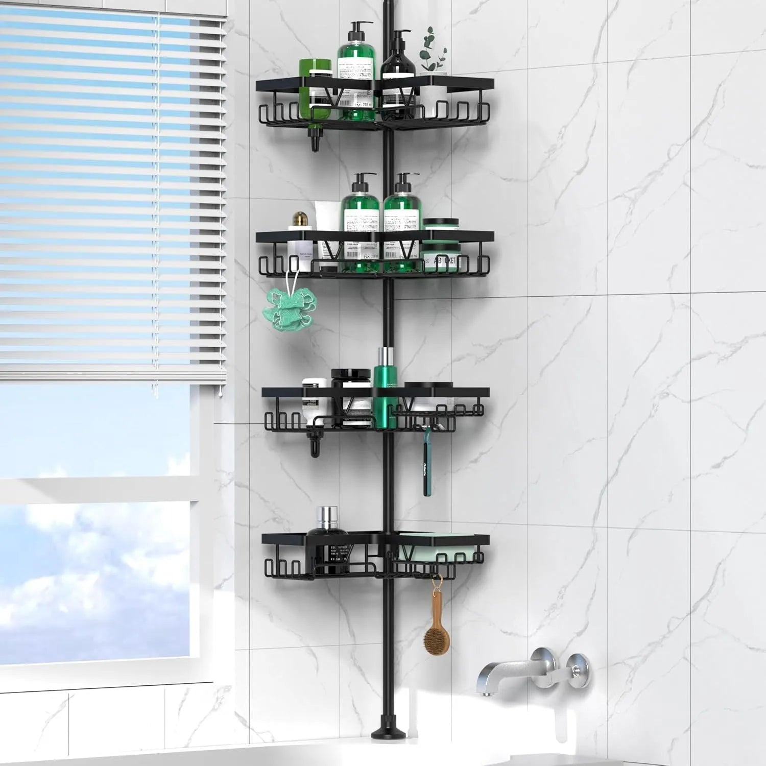 Stainless steel retractable bathroom storage rack with four layers and hole-free installation