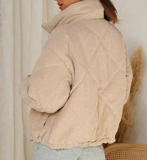 Women's apricot corduroy jacket with stand collar and zip front