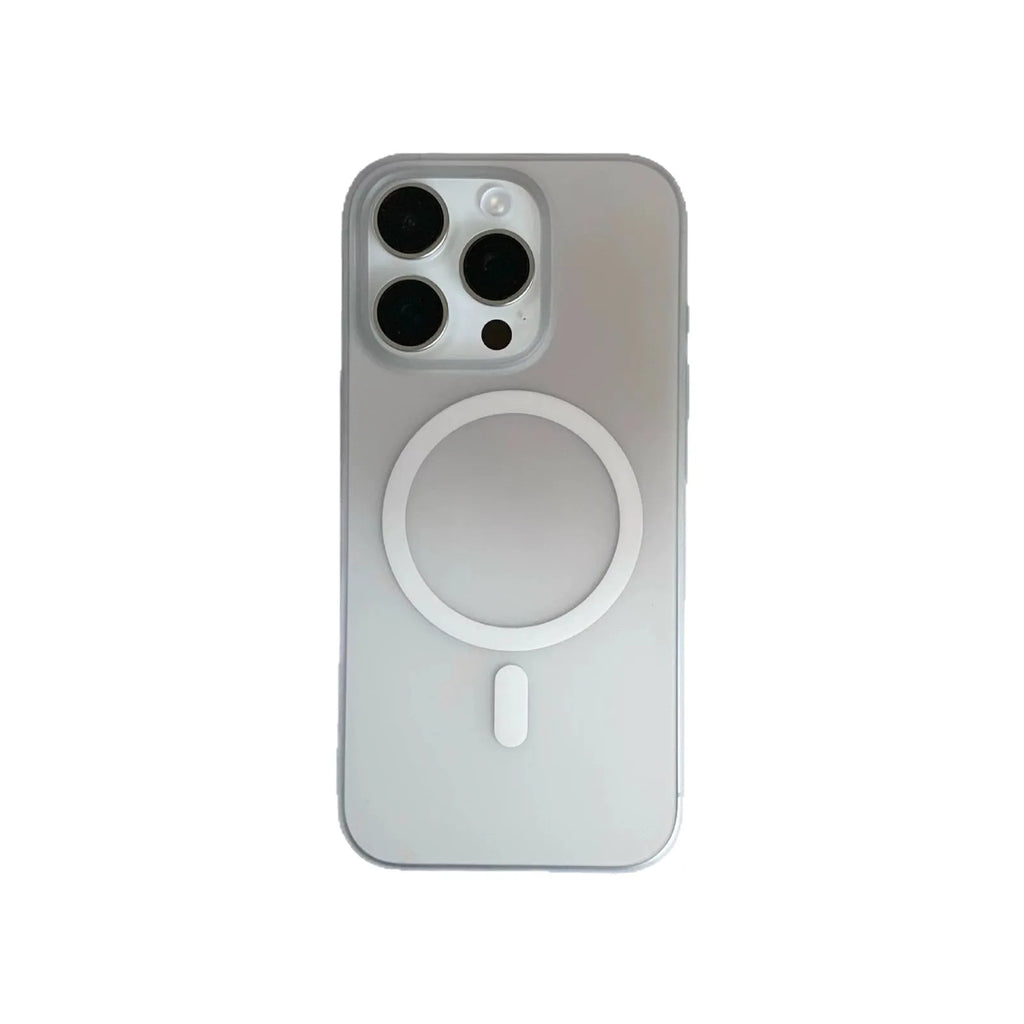 Frosted gradient colour magnetic suction iPhone case shown on a phone, displaying ultra-thin profile.