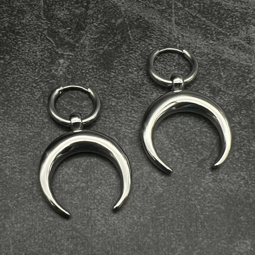Silver geometric moon hoop earrings with punk gothic style and ear clip fastening