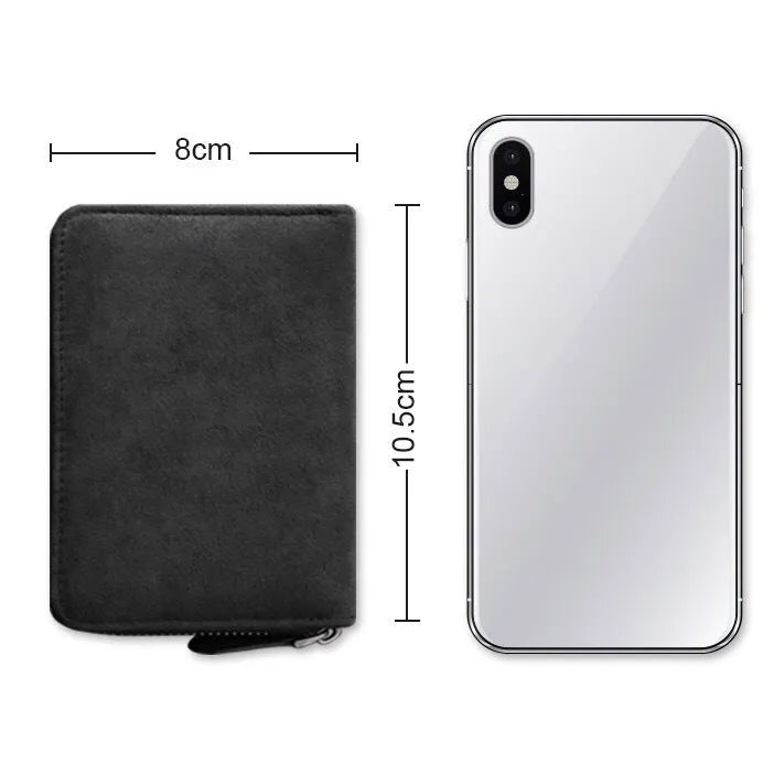 Men's suede card holder in grey, black, blue or green with 11 or 18 card positions, anti-degaussing, waterproof PU material.