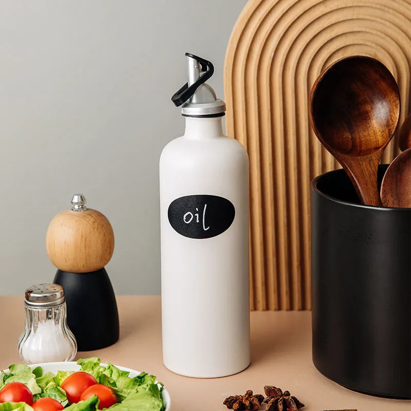 Ceramic oil pot with brush and funnel in black, coffee, or white colour, 650ml capacity