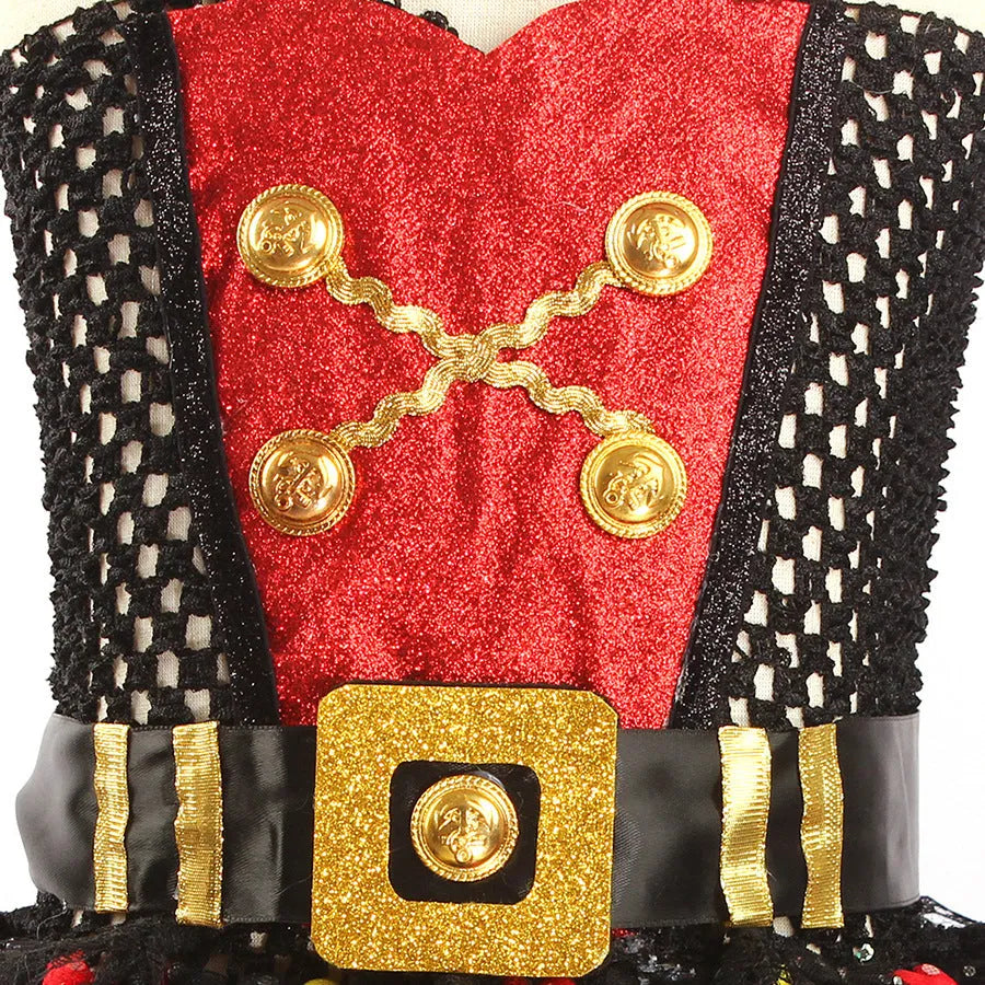 Girls sleeveless pirate dress costume with sequins and mesh for Halloween, shown in pirate skirt colour.