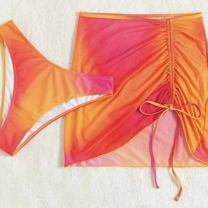 Women's orange gradient print three-piece swimsuit with loop buckle hollow suspender design