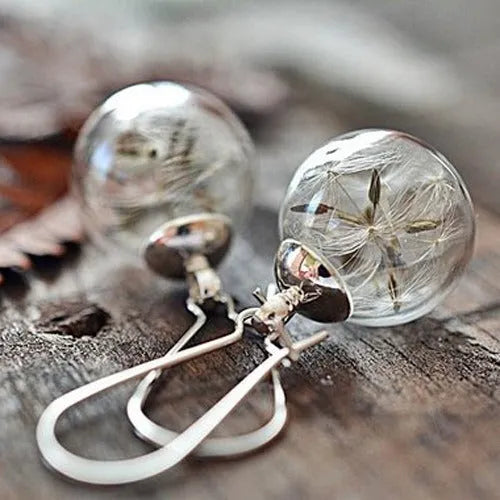 Transparent glass ball earrings with crystal dandelion seed design on silver French hooks