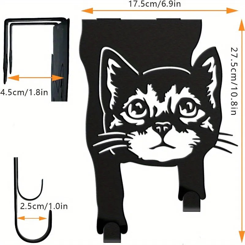 Black iron cat-shaped wall hook with punch-free mounting for decorative hanging