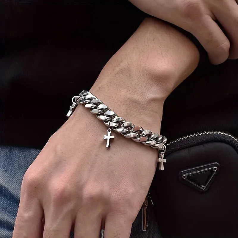 Men's geometric cross bracelet in titanium steel with minimalist design
