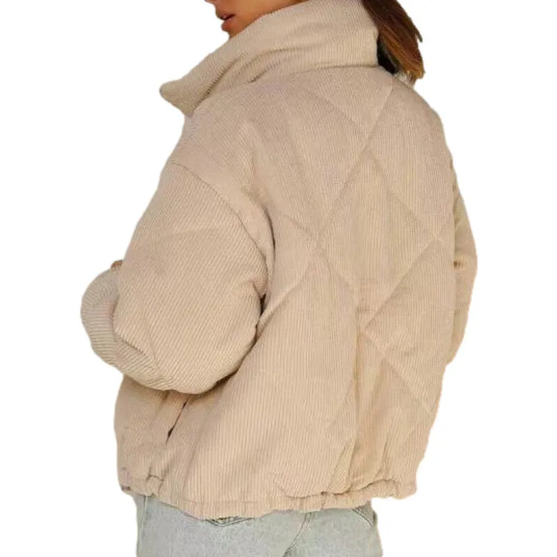 Women's apricot corduroy jacket with stand collar and zip front
