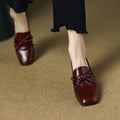 Retro square toe chunky heel leather shoes for women, black colour, PU upper, rubber sole, low heel on wooden floor