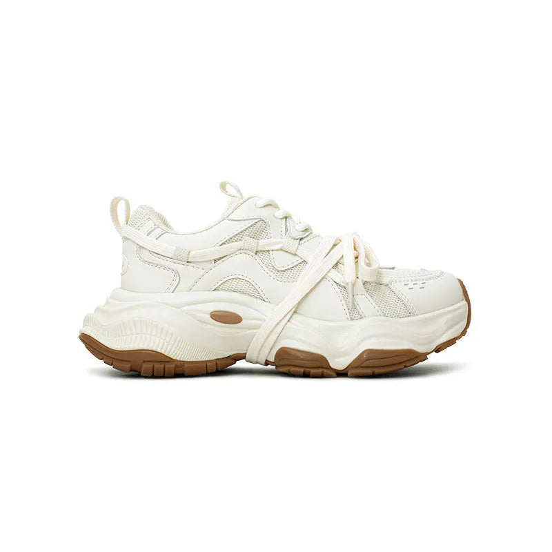 Women's white platform dad sneakers with round toe and lace-up front in Milk White Beige colour