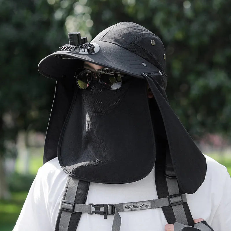 Khaki coloured sun hat with built-in USB fan and attached face covering shawl for neck protection.
