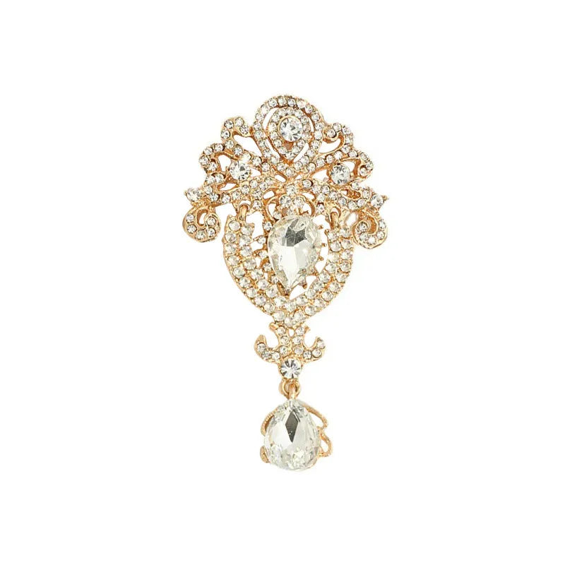 Alloy drop shape brooch with diamond accent in gold colour for women's retro decoration