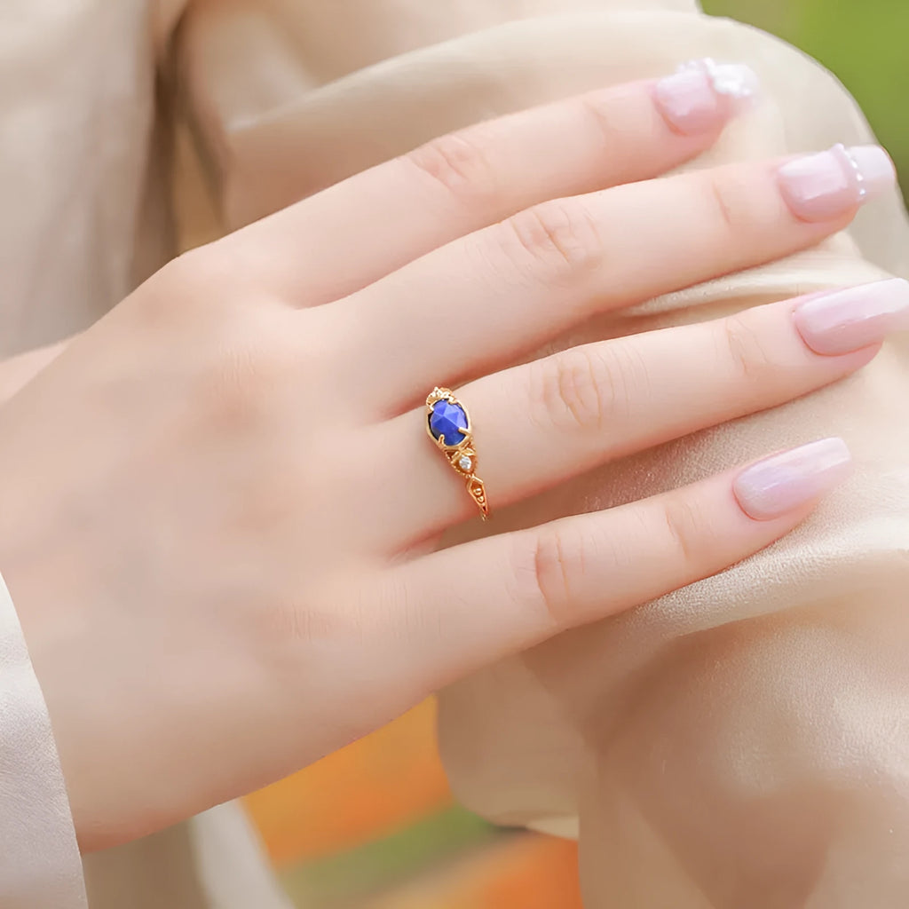 Japanese style geometric silver alloy ring with a blue lapis lazuli stone for women.