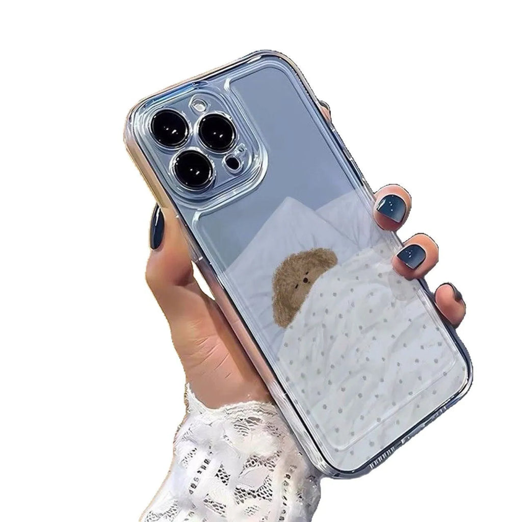 Transparent Apple iPhone case showing sleeping cat space shell pattern on TPU material