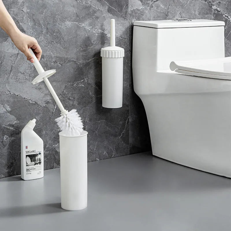 Simple toilet brush set with soft fur long handle and splash-proof holder in white