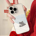 Transparent Apple iPhone case showing sleeping cat space shell pattern on TPU material
