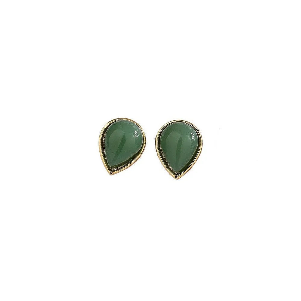 Chinese style copper drop earrings with Hetian jade water drop stud in white gold colour