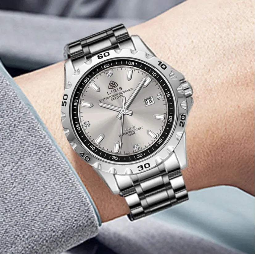 Silver stainless steel men's business watch with luminous dial and sapphire crystal glass